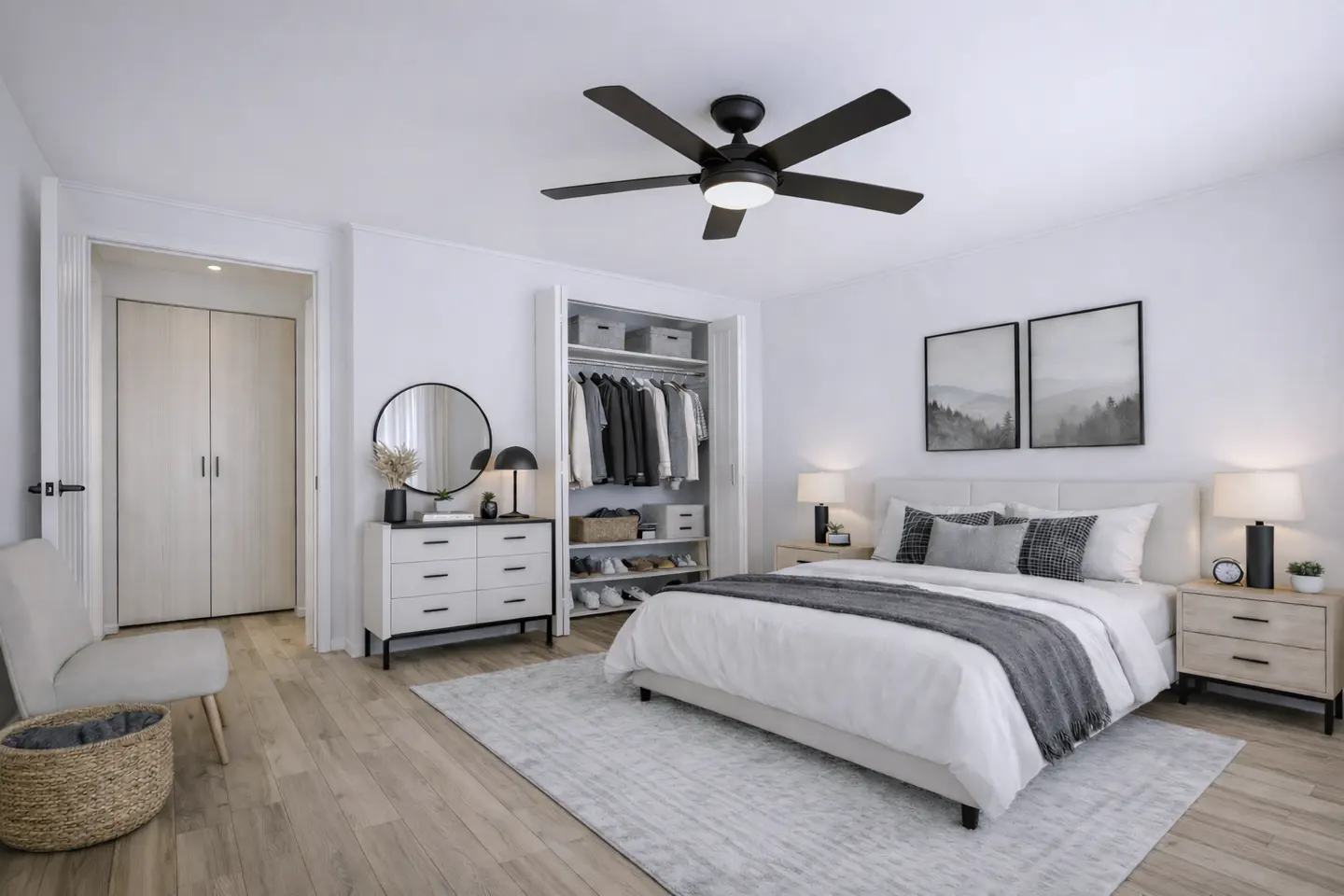 Bright Vintage Grove bedroom with a ceiling fan and closet