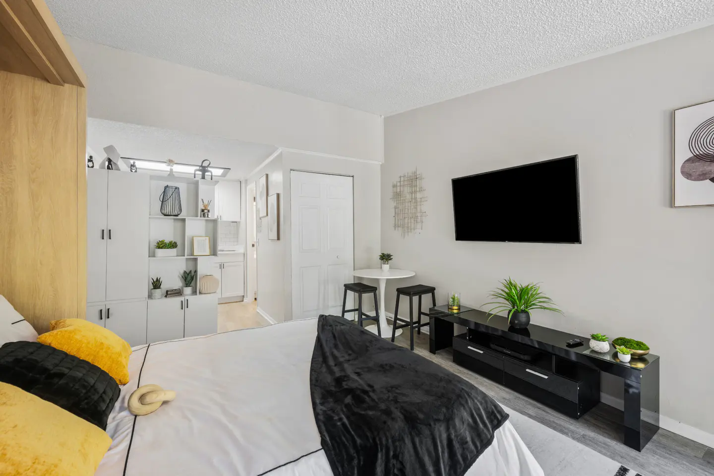 Furnished Vintage Grove interior with built-in storage