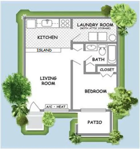One-bedroom apartment floor plan diagram
